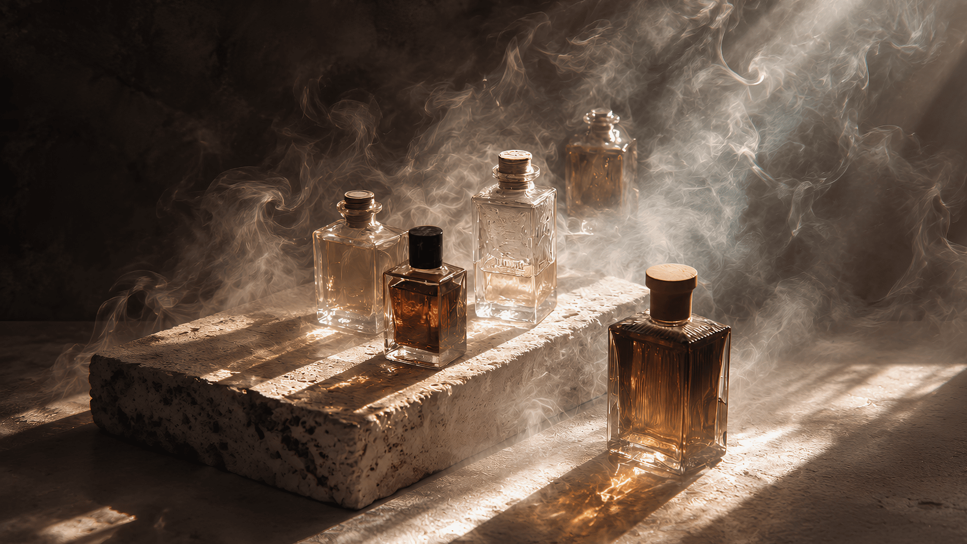 Notes Dubai - Perfume bottles on display with dramatic smoky effect